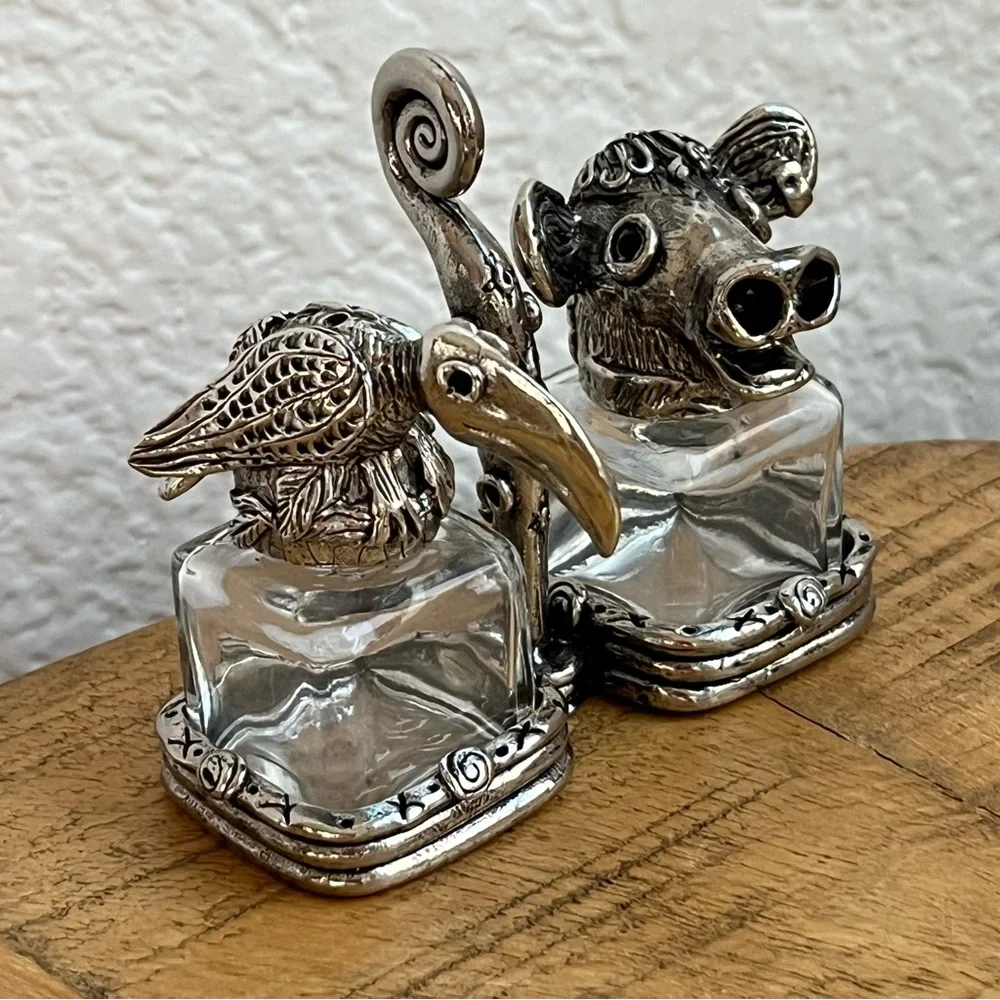 AST Pewter Salt Pepper Shakers Animal Head Glass Cow Bull Crow Bird of Prey